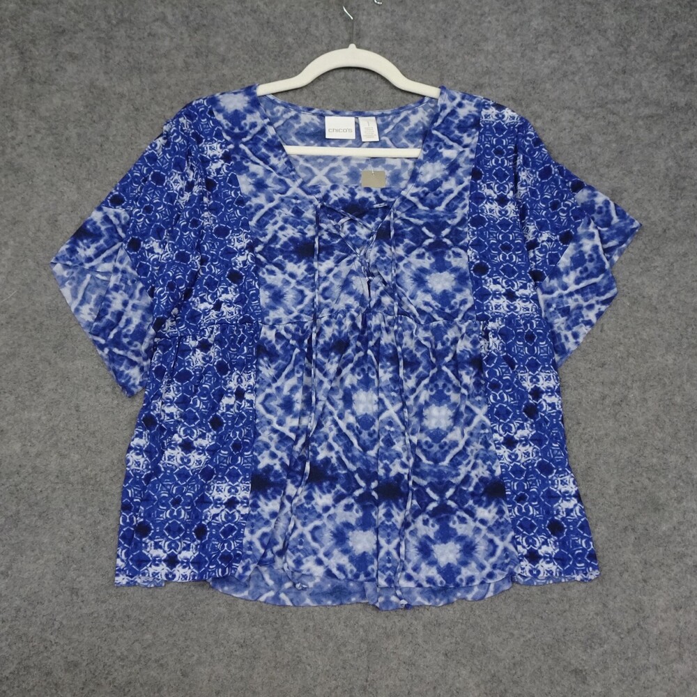 Chicos Top Womens 1 Regular Medium M Blue Pullover Shibori 3/4 Sleeve Lace Up